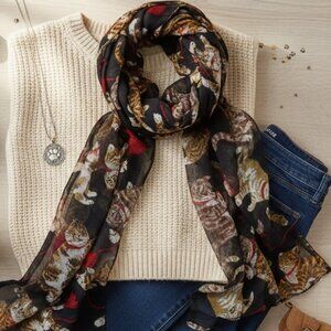 Vintage Tabby Kitten and Yarn Print Scarf